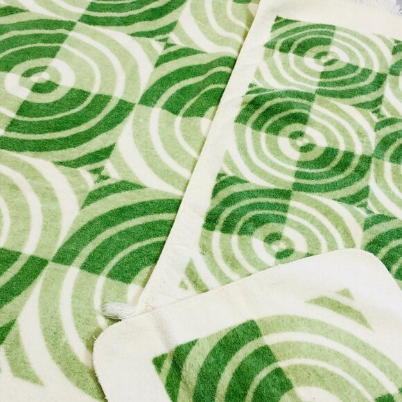 Vintage 70s TEXMADE Impact Green CHECKMATE pattern All Cotton Towel Trio Set - Picture 5 of 10